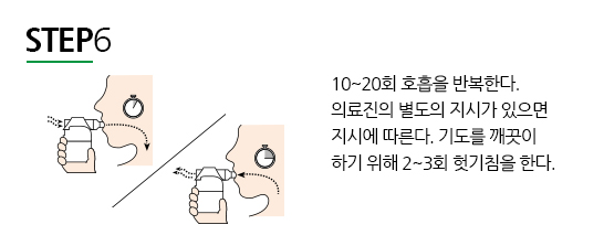 STEP6 10~20회 호흡을 반복한다. 
									의료진의 별도의 지시가 있으면
									지시에 따른다. 기도를 깨끗이
									하기 위해 2~3회 헛기침을 한다.